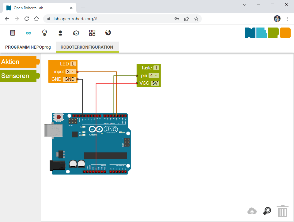 Open Roberta Lab - Konfiguration Taster & LED am Arduino UNO