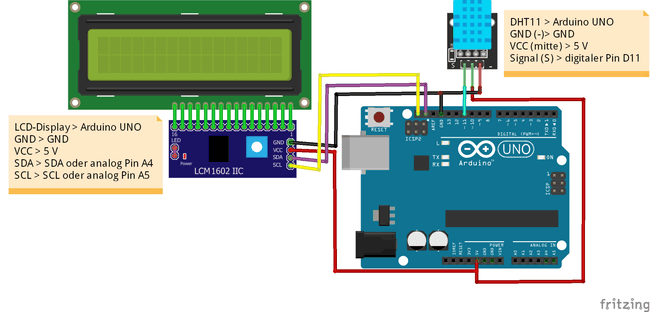 Schaltung - Arduino UNO mit DHT11 & LCD-Display