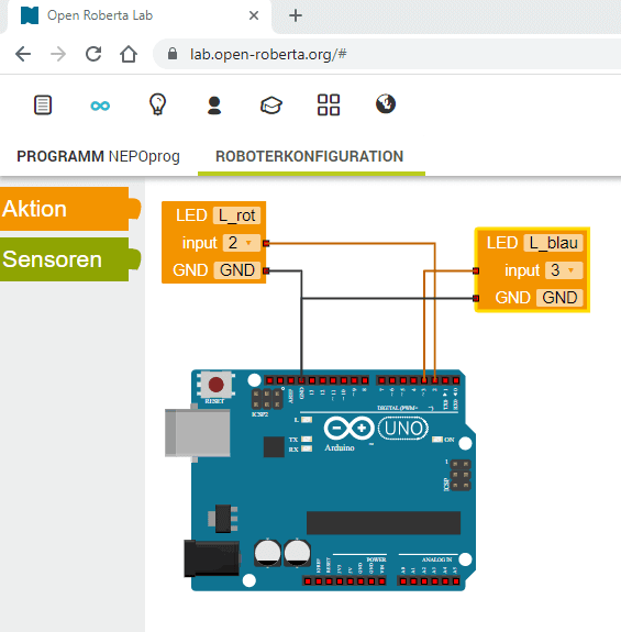 Schaltung des Wechselblinkers im Open Roberta Lab