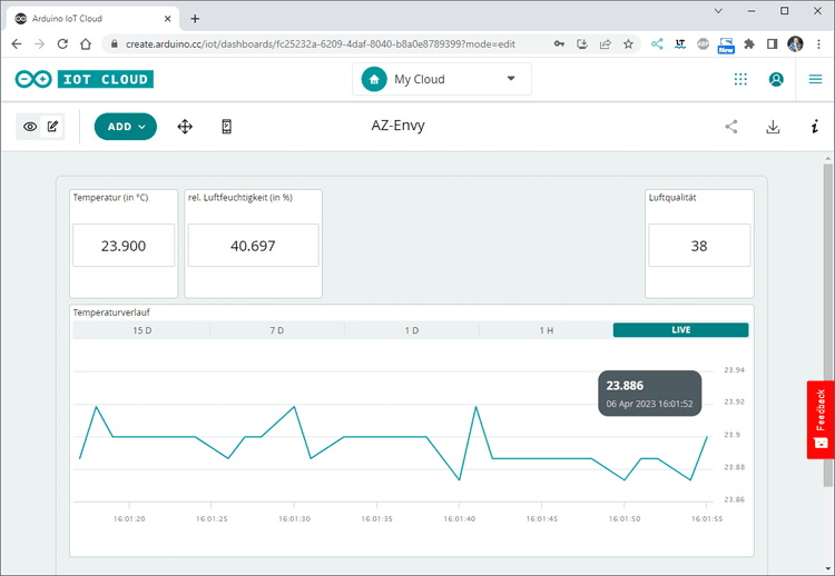 Sensordaten des AZ-Envy in der Arduino Cloud