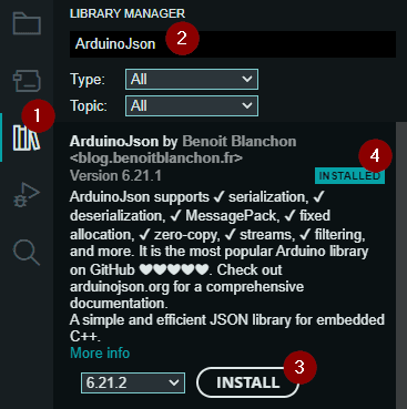 installieren der Bibliothek ArduinoJson über den Bibliotheksverwalter