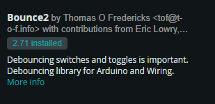 Eintrag der Bounce2 Bibliothek im Bibliotheksverwalter der Arduino IDE