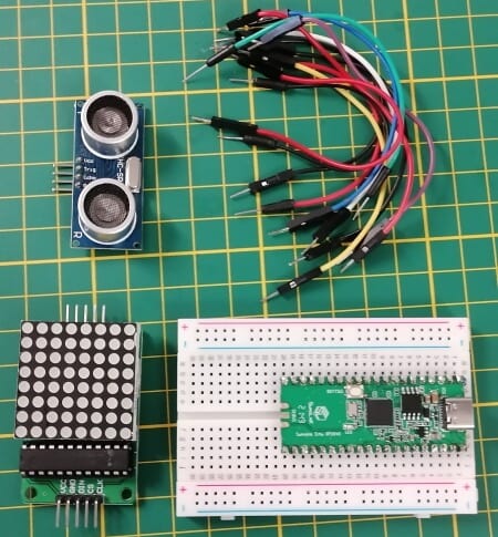 benötigte Bauteile zum aufbau der Schaltung - HC-SR04 & MAX7219 am Raspberry Pi Pico