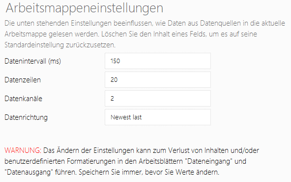 Datastreamer - Einstellungen der Arbeitsmappe