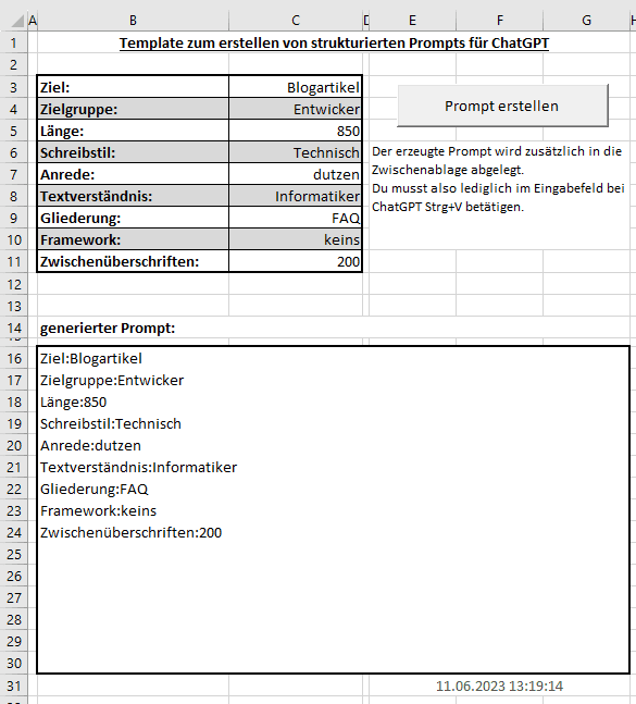 Excel Template für die Erzeugung von strukturierten Prompts