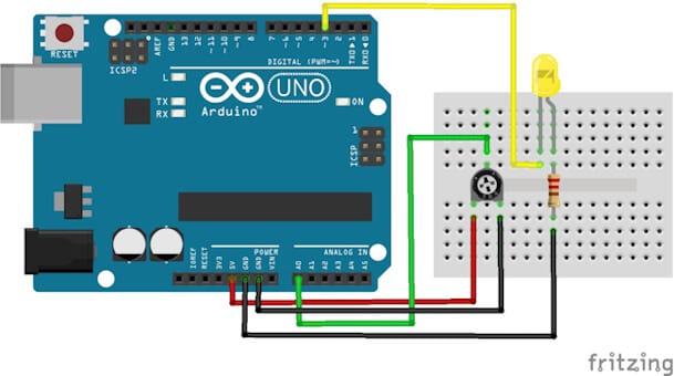 Schaltung - Arduino UNO mit Drehpotentiometer und LED