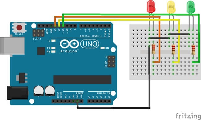 Schaltung - Ampelphasen am Arduino UNO