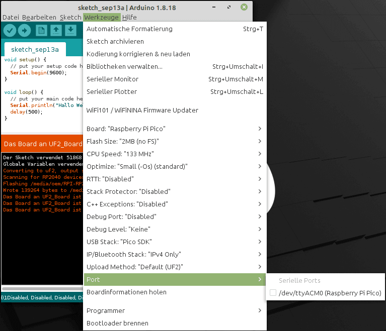 Auswahl des neuen Anschlusses nach dem Upload einer ersten UF2-Datei
