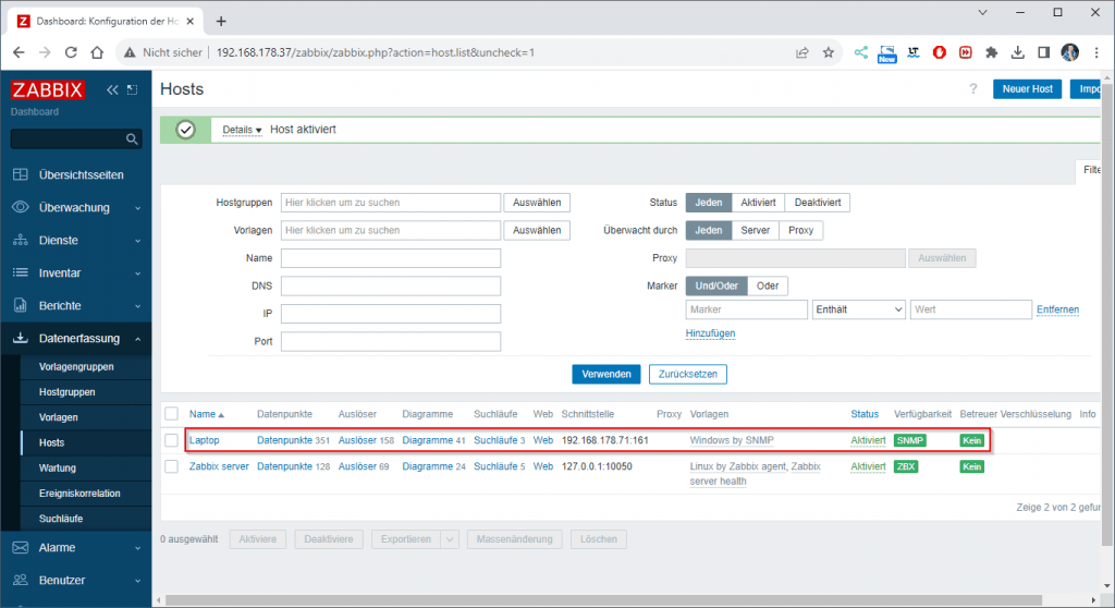 Zabbix - neuer Host konfiguriert und erreichbar