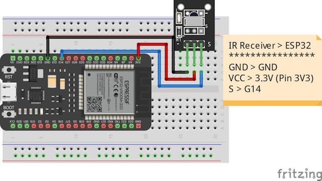 Schaltung - ESP32 mit Infrarot-Empfänger (KY022)