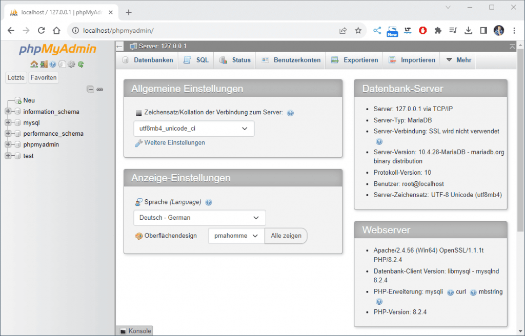 Webseite - phpMyAdmin für die Verwaltung der MySQL Datenbank im XAMPP