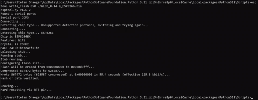 Flashen des ESP8266 für WLED mit esptool