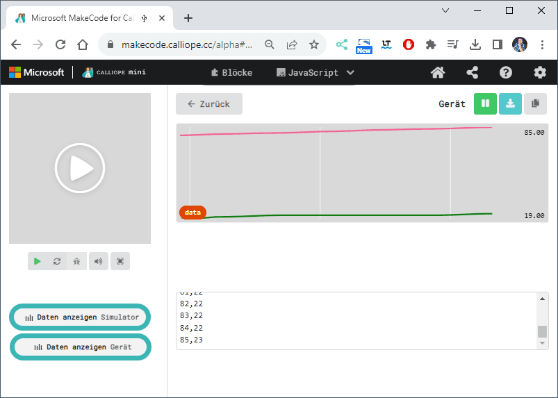 Ansicht der Daten in einem Diagramm in MakeCode