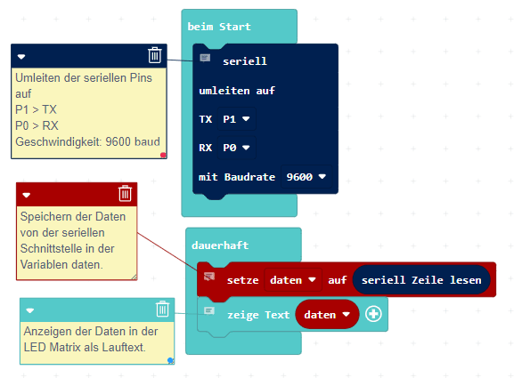 Programm in MakeCode zum lesen der seriellen Schnittstelle am Calliope Mini 3