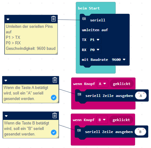 MakeCode - Programm zum senden von Befehlen über die serielle Schnittstelle am Calliope Mini