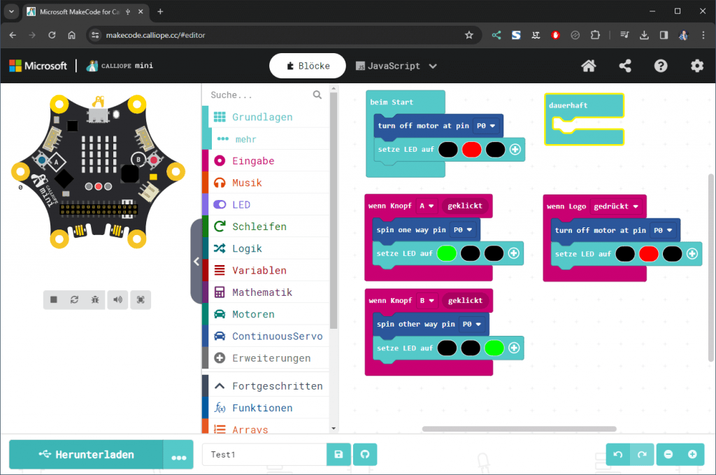 Programm in MakeCode zum steuern eines 360° Servomotors am Calliope Mini 3