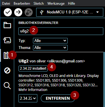 Bibliothek - U8g2 im Bibliotheksverwalter der Arduino IDE
