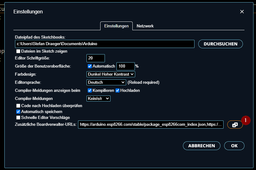 ArduinoIDE Einstellungen - Zusaetzliche Boardverwalter URLs