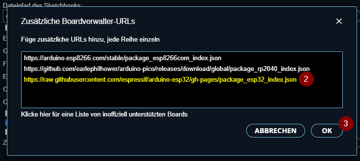 ArduinoIDE Einstellungen - ZusaetzlicheBoardverwalter URLs ESP32 URL