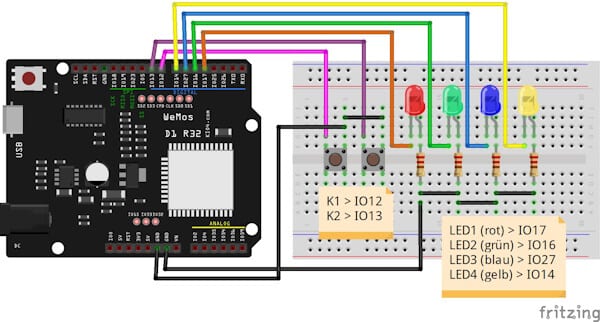 Circuit - ESP32 D1 R32 with LEDs & button