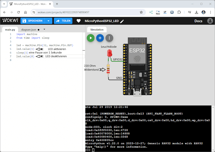 Schaltung - LED mit Vorwiderstand am ESP32 in Wokwi