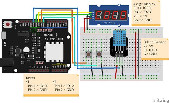 Schaltung - ESP32 mit DHT11 sensor,m 2 Taster und einer 4digit 7 Segmentanzeige
