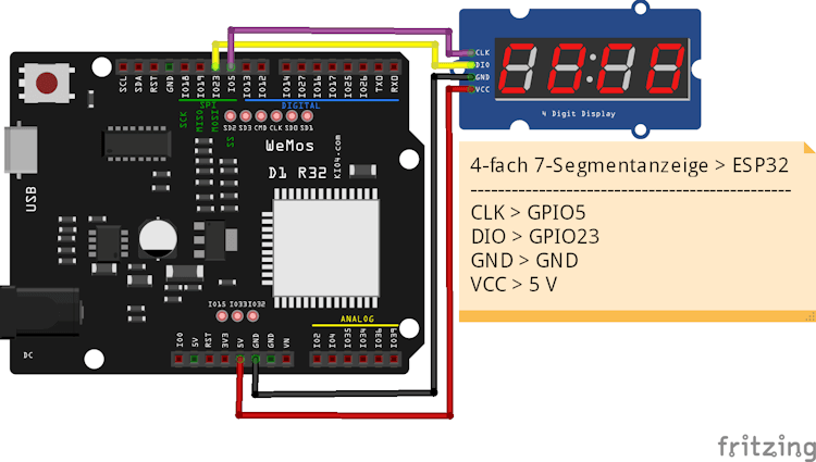ESP32 D1 R32 mit 4-fach 7-Segmentanzeige TM1637