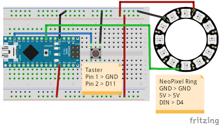 Schaltung - Arduino Nano V3 mit 12bit NeoPixel Ring und Taster