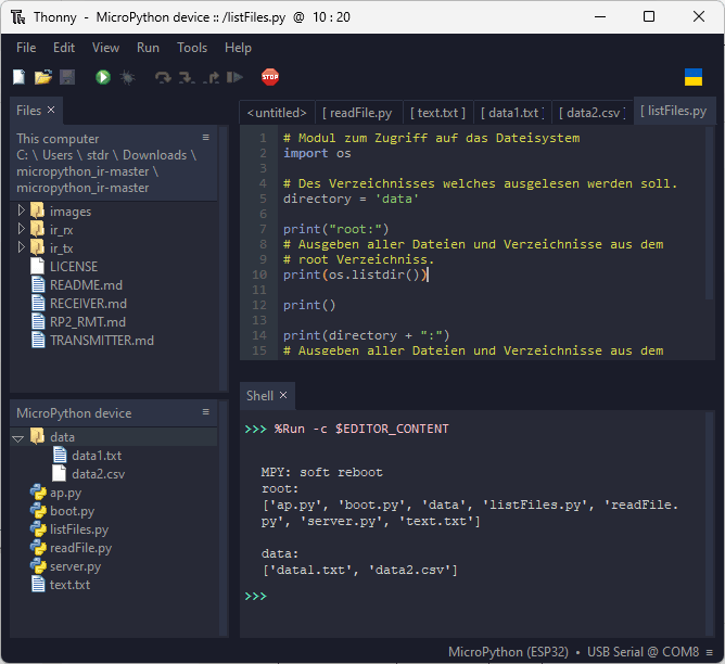 Thonny - Dateien auf dem Dateisystem des ESP32