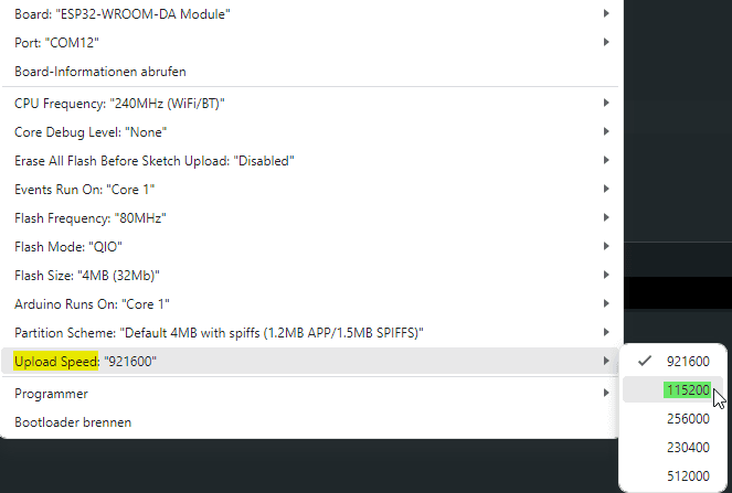 Konfiguration des ESP32-D0WDQ6 in der Arduino IDE