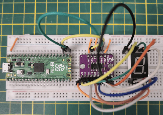 Schaltung - Raspberry Pi Pico 2 mit Schieberegister 74HC164D und 7 Segmentanzeige