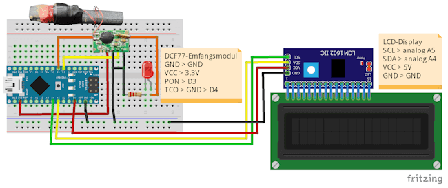 Schaltung - Arduino Nano V3 - DCF77-Empfangsmodul - LCD-Display
