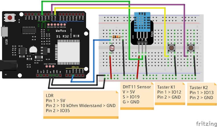 alternative Schaltung mit LDR, Taster & DHT11 Sensor am ESP32 D1 R32