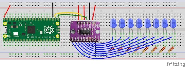 Schaltung - Raspberry Pi Pico 2 mit Schieberegister 74HC164D und LEDs