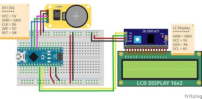 Schaltung - Arduino Nano V3 mit RTC DS1302 und LC-Display