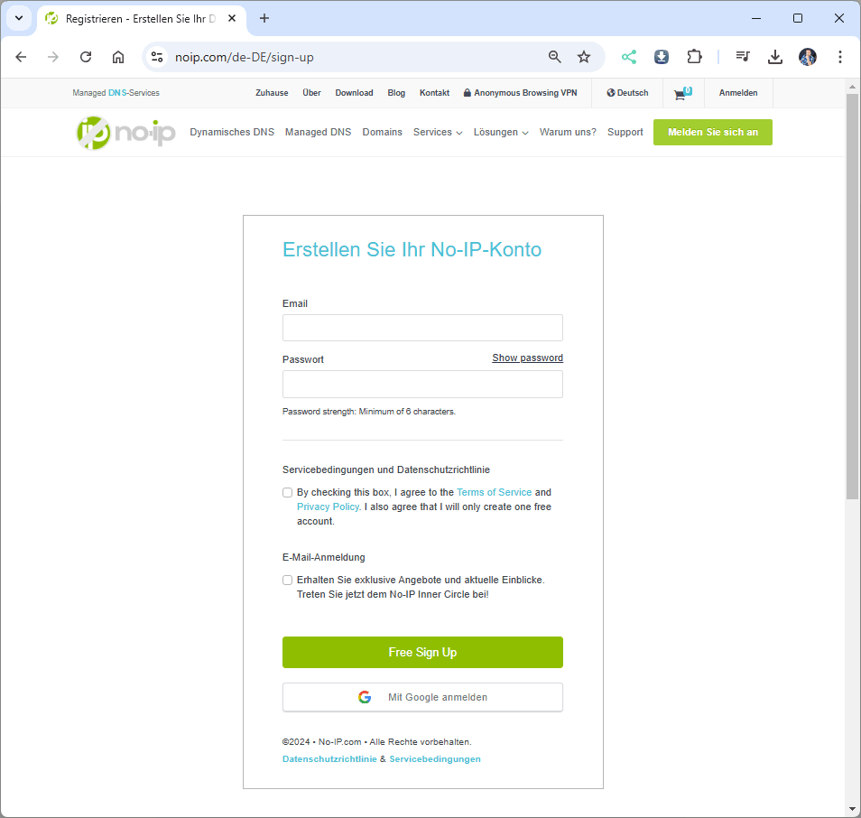 Anmelden / Registrieren an no-ip.com