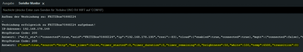 Antwort von der Shelly DUO Lampe beim setzen einer Helligkeit über REST-Call