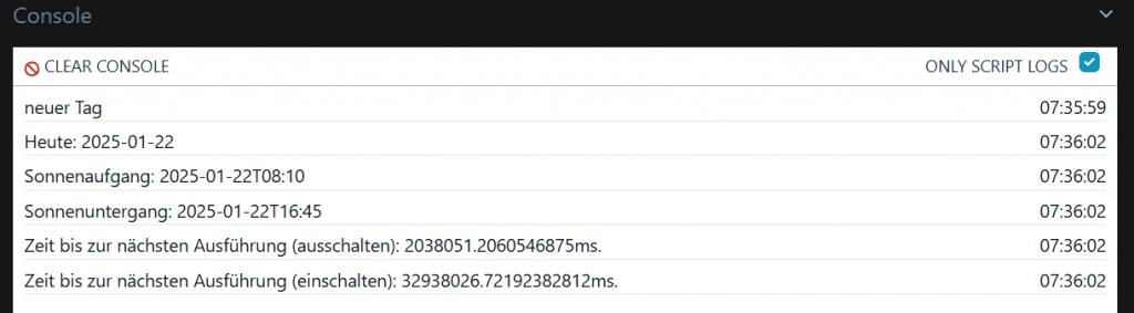 Shelly Scripting tageslichtabhängige Automatisierung - Ausgabe auf der Console