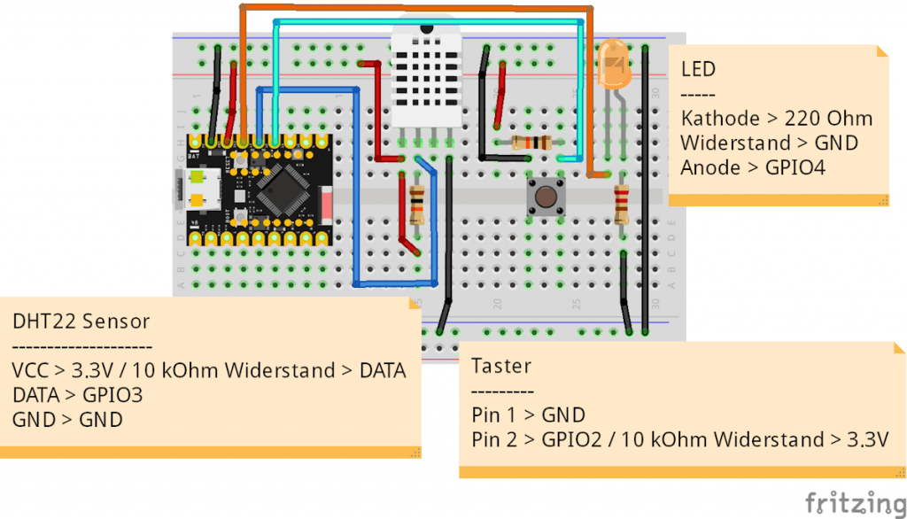Schaltung - ESP32-C3 mit DHT22, Taster und LED für Deep Sleep