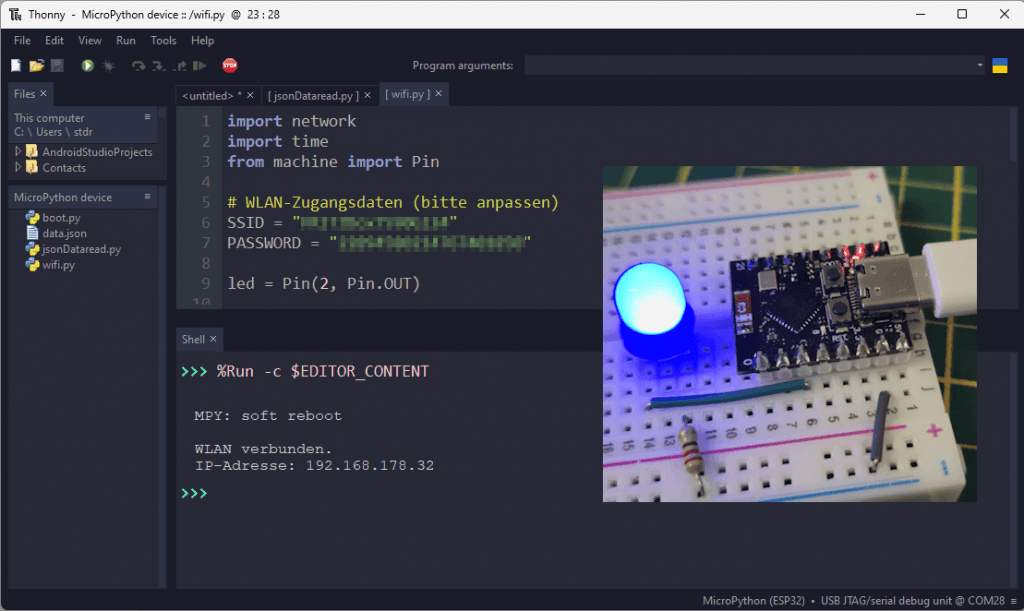 Ausgabe der IP-Adresse des ESP32-C3 auf der Shelly von Thonny