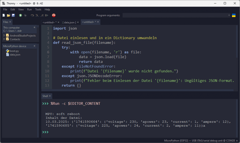 Thonny - Ausgabe gespeicherter Daten