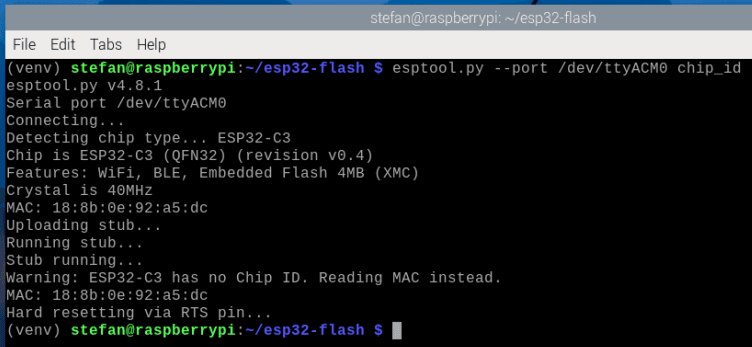 ausgeben der Boardinformationen zum ESP32 mit esptool
