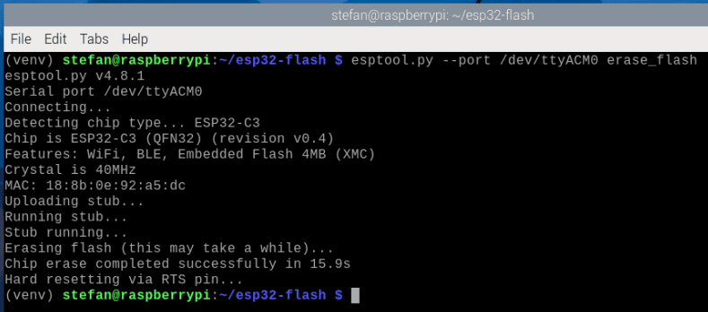 Speicher des ESP32 mit esptool löschen