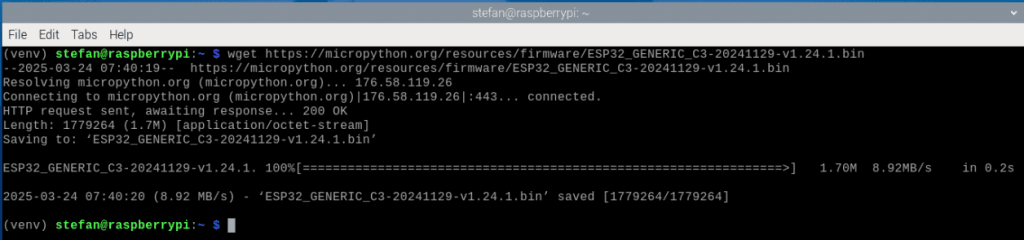 herunterladen der Firmware für den ESP32 mit wget