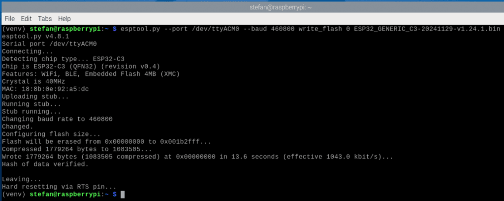 flashen des ESP32 mit der neuen Firmware mit esptool
