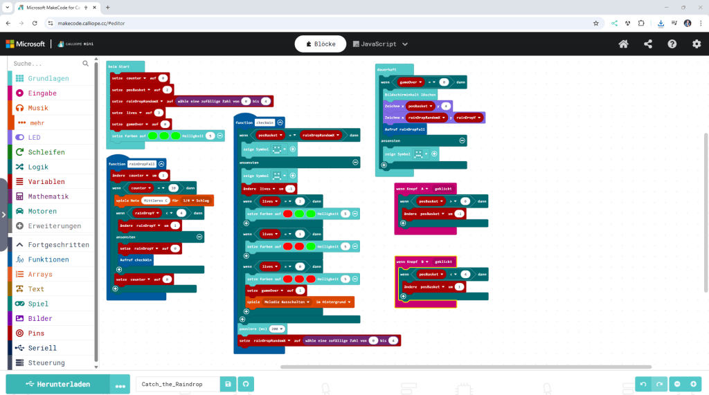 Calliope Mini Spiel - Fang den Regentropfen - MakeCode