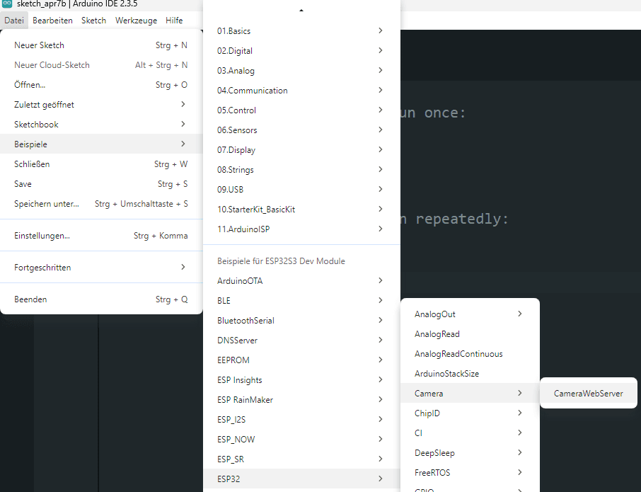 Beispiel für den betrieb der ESP32-S3 CAM im Webbrowser