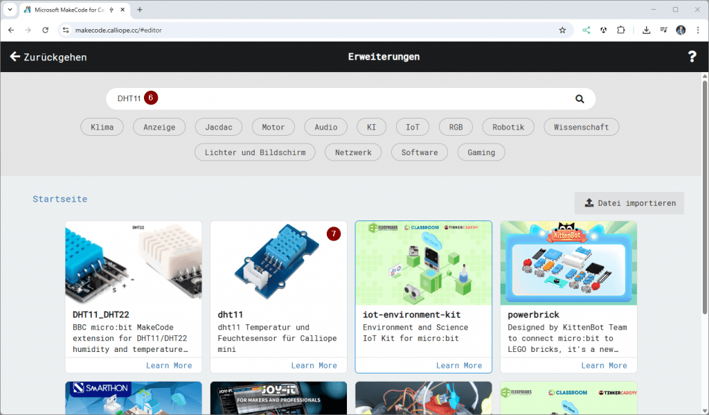 MakeCode - Hinzufügen von Erweiterungen