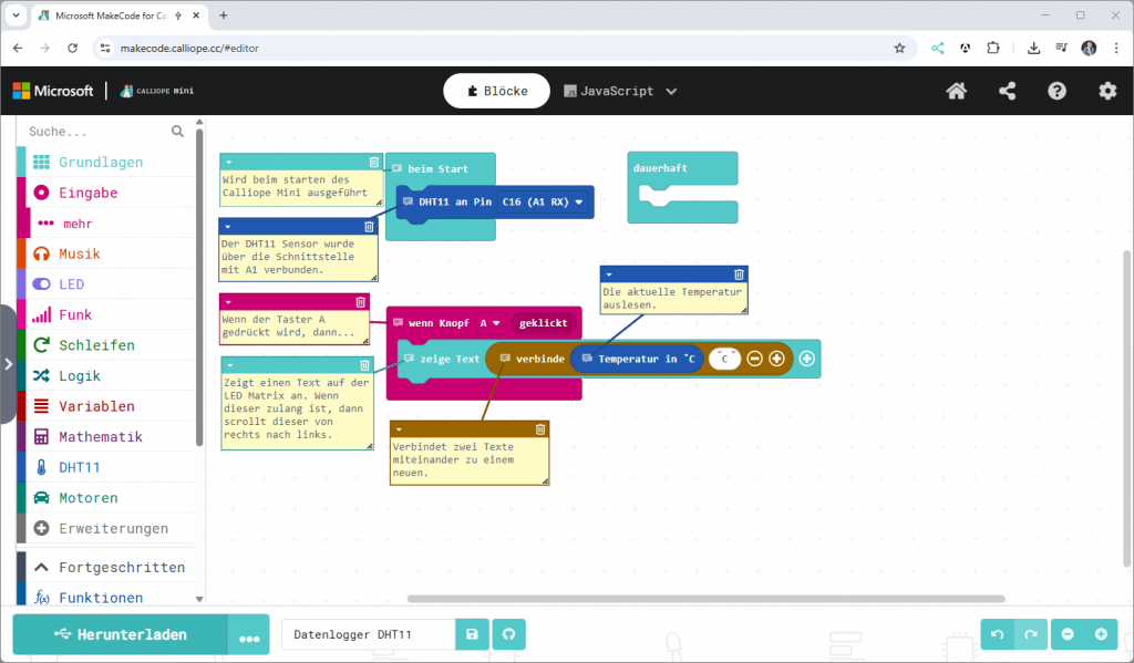 Beispiel für den DHT Sensor in MakeCode