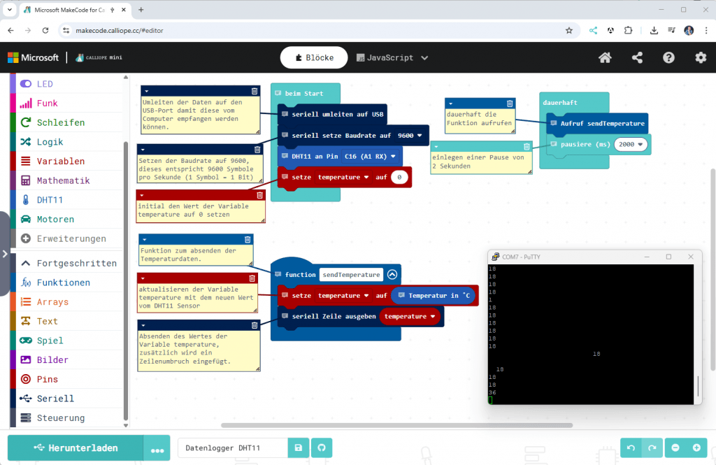 Ausführliches Beispiel für den DHT Sensor in MakeCode